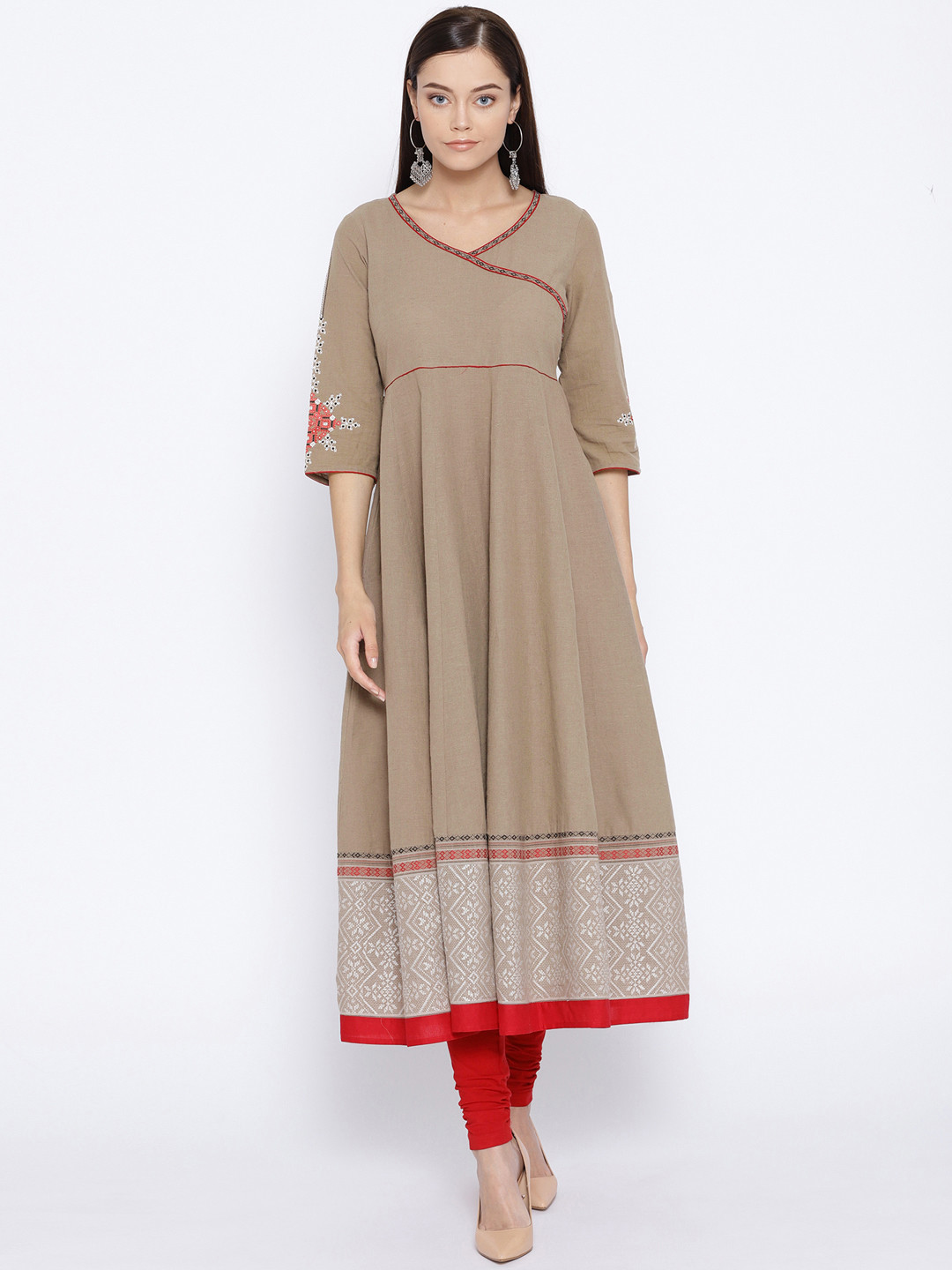 

AURELIA Women Taupe Solid Angrakha Anarkali Kurta