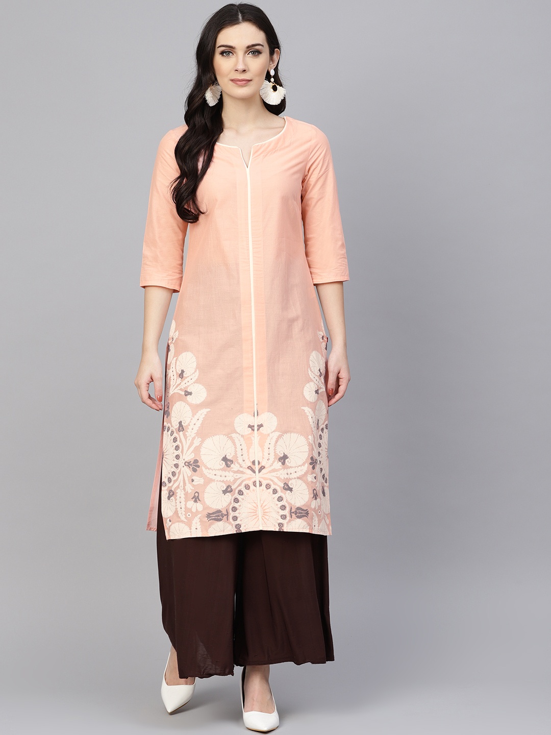 

W Women Peach-Coloured & White Printed Straight Kurta