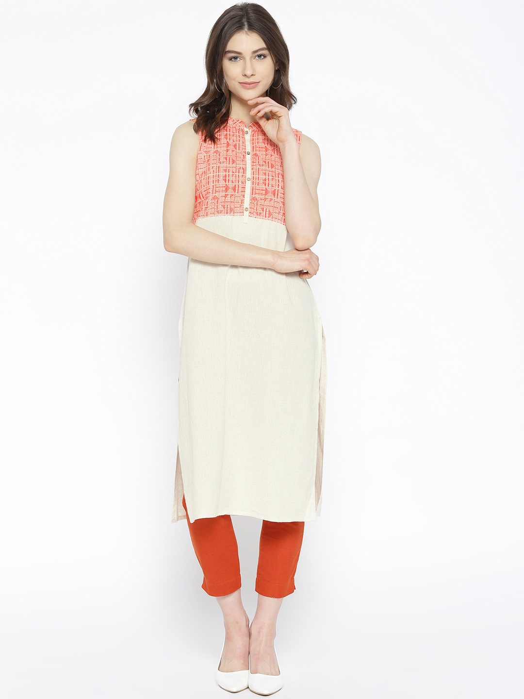 

AURELIA Women Off-White & Orange Yoke Design Straight Kurta