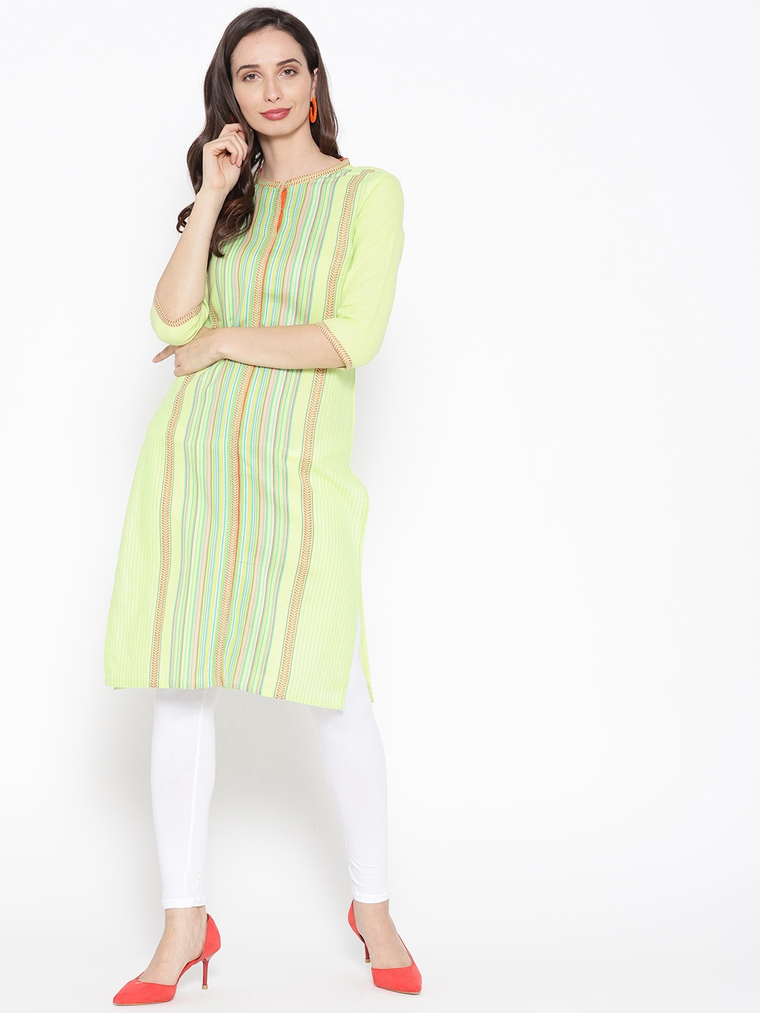

AURELIA Women Green Striped Straight Kurta