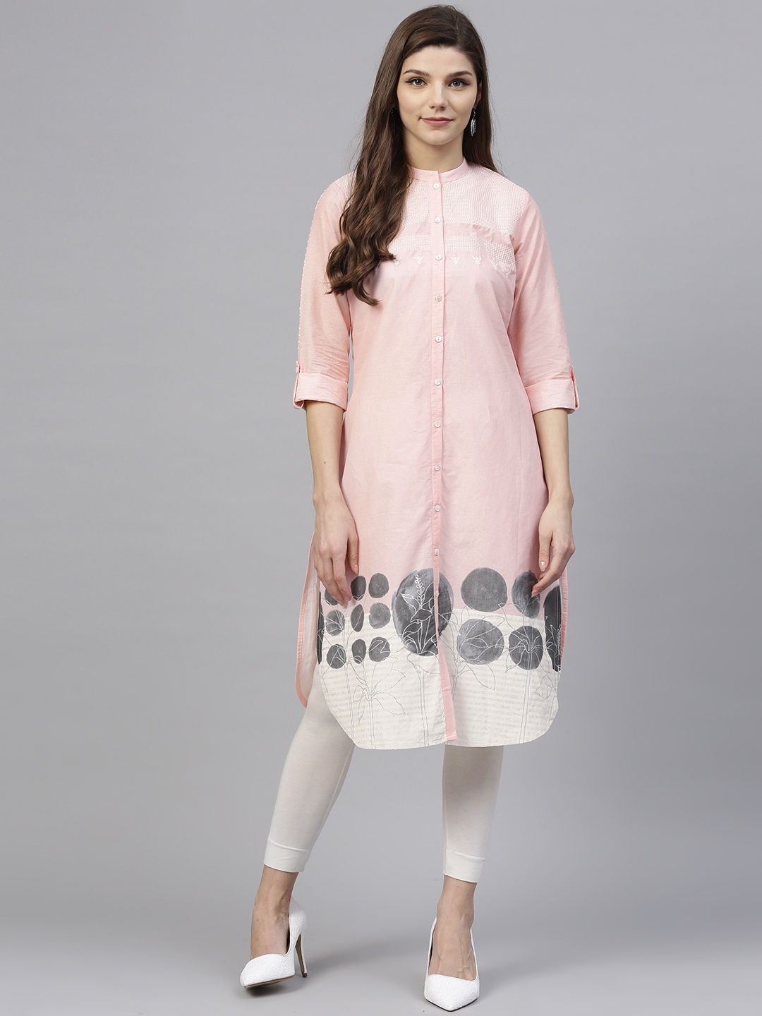 

W Women Pink & White Self Design Straight Kurta