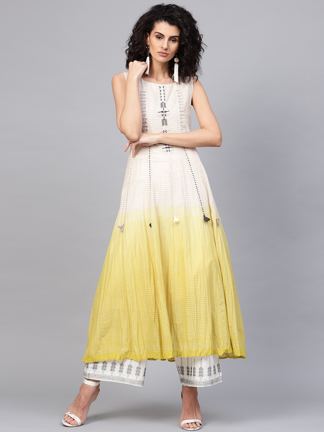

W Women Off-White & Yellow Dyed Striped Anarkali Kurta