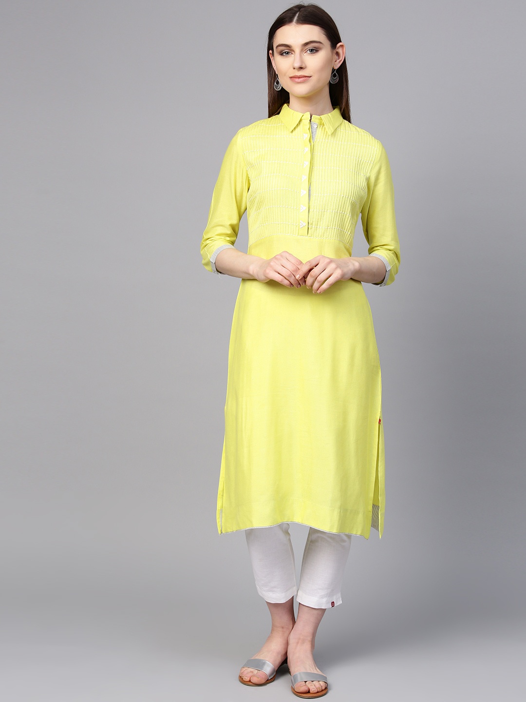 

W Women Lime Yellow & Off-White Yoke Design Straight Kurta