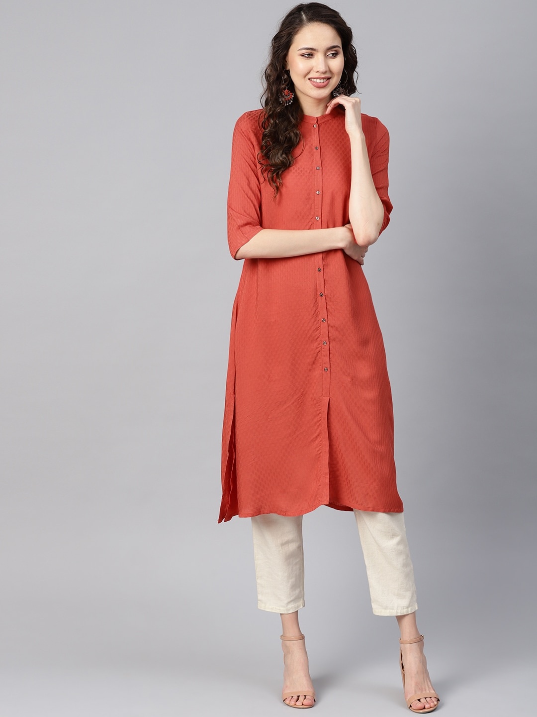 

W Women Rust Orange Woven Design A-Line Kurta