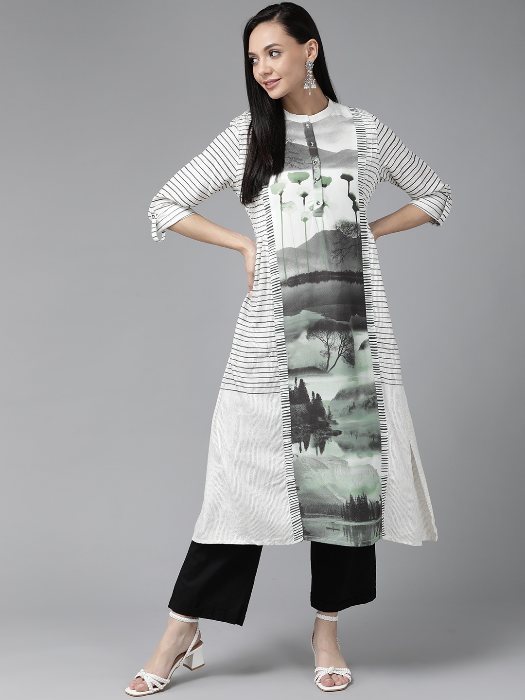 

W Women White & Charcoal Grey Ethnic Motifs Printed A-line Kurta