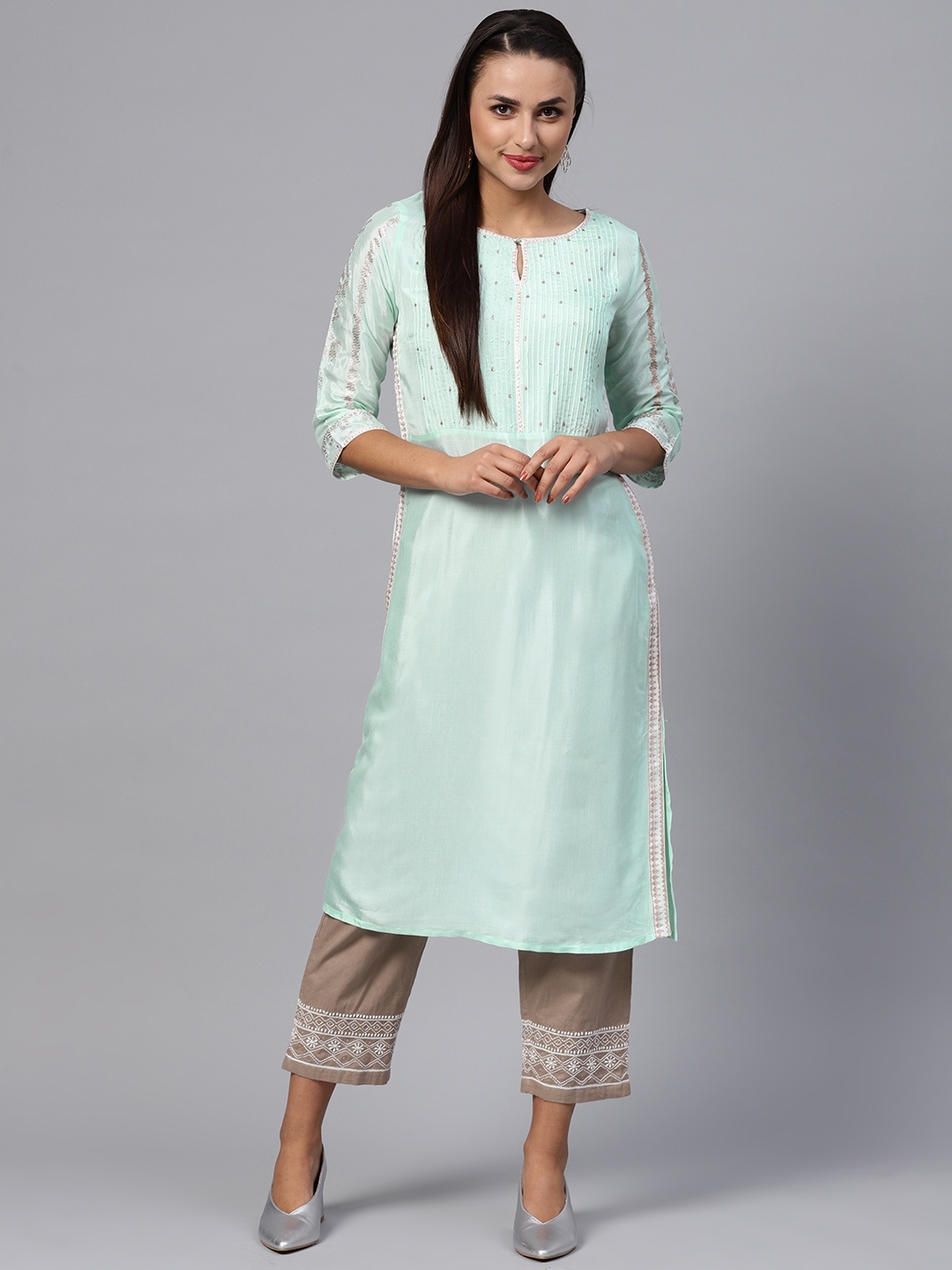 

W Women Blue Yoke Design Straight Kurta