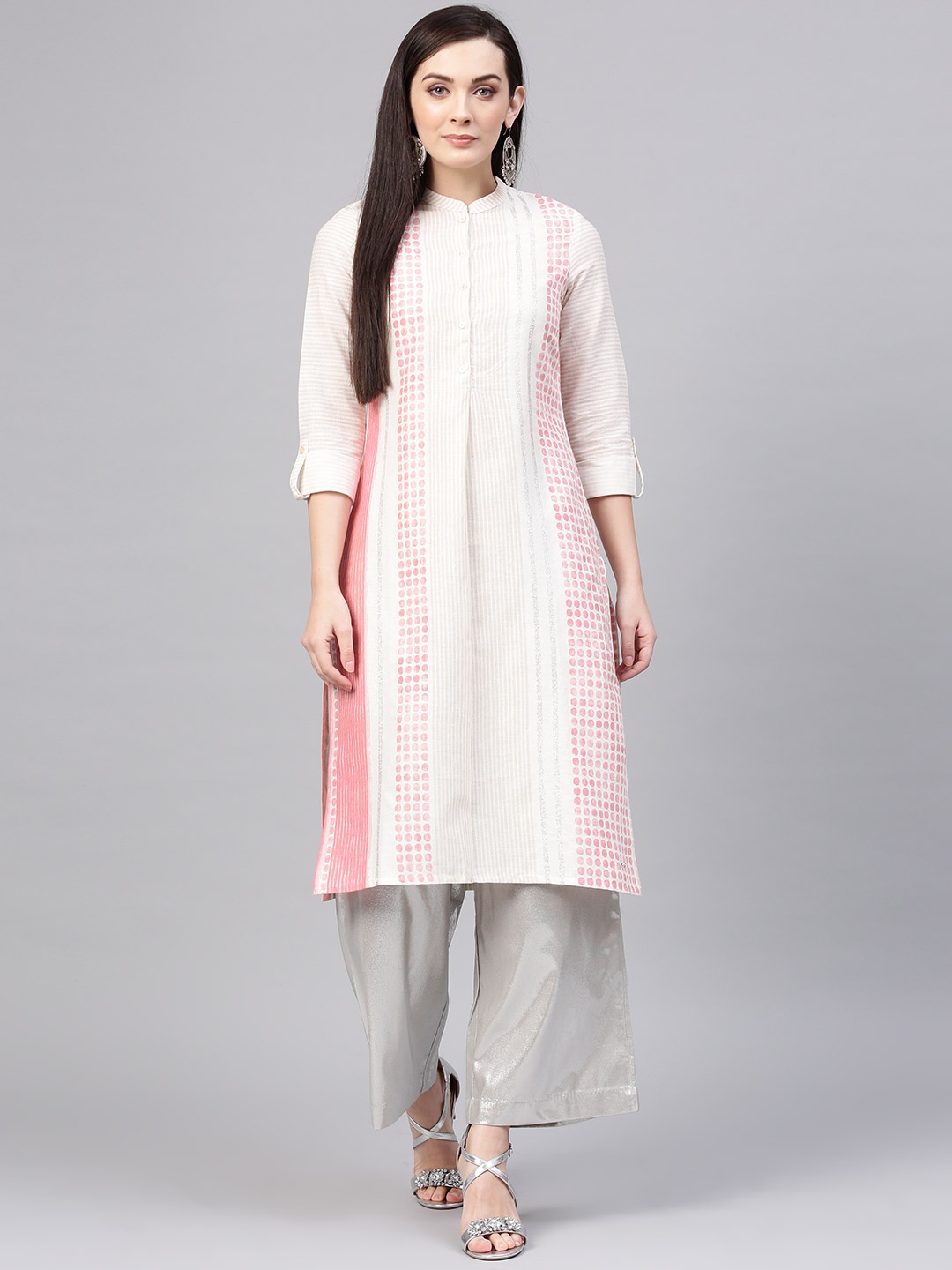 

W Women Off-White & Peach-Coloured Striped Straight Kurta