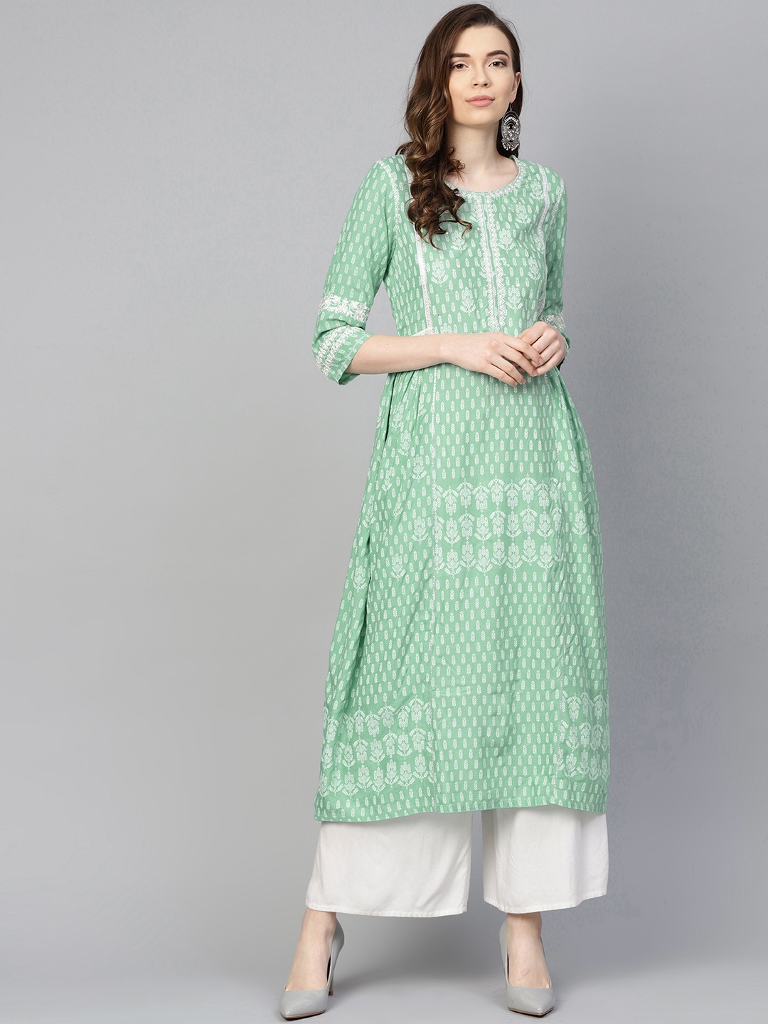 

W Women Sea Green & White Printed A-Line Kurta