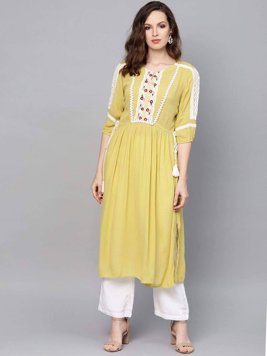 

W Women Lime Green & White Embroidered Detail A-Line Kurta