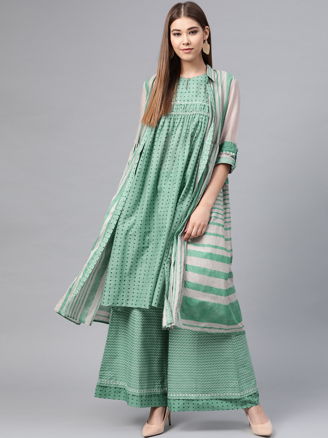 

W Women Green Printed Kurta with Palazzos & Ethnic Jacket