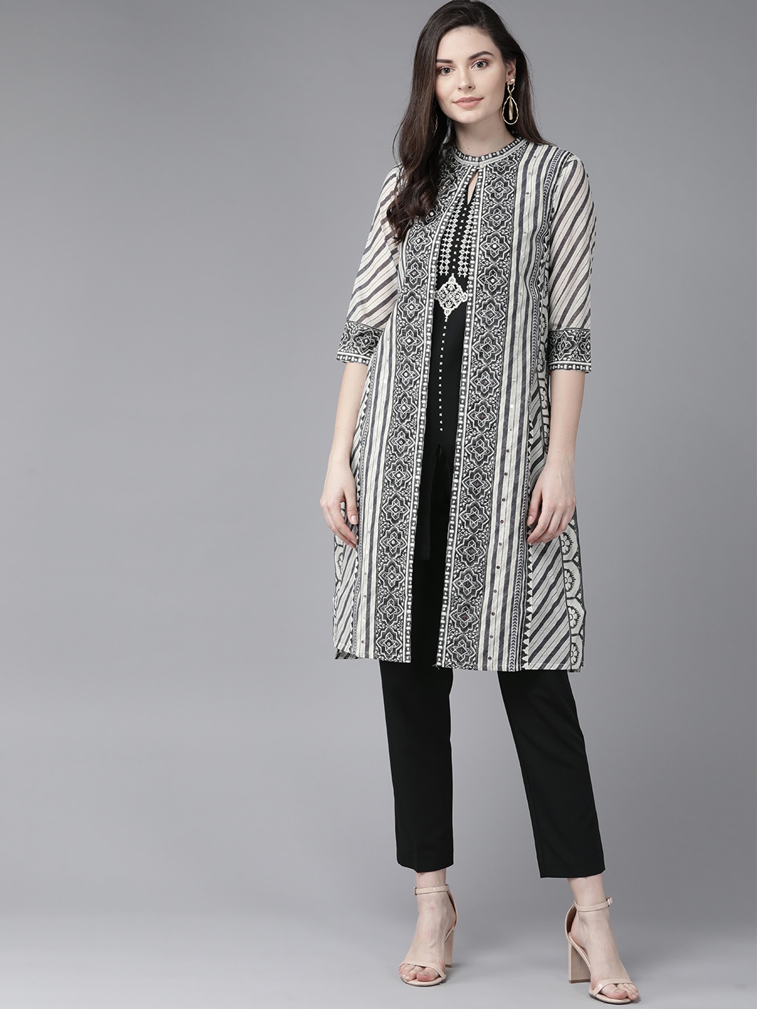 

W Women Black & Off-White Striped Layered Straight Kurta