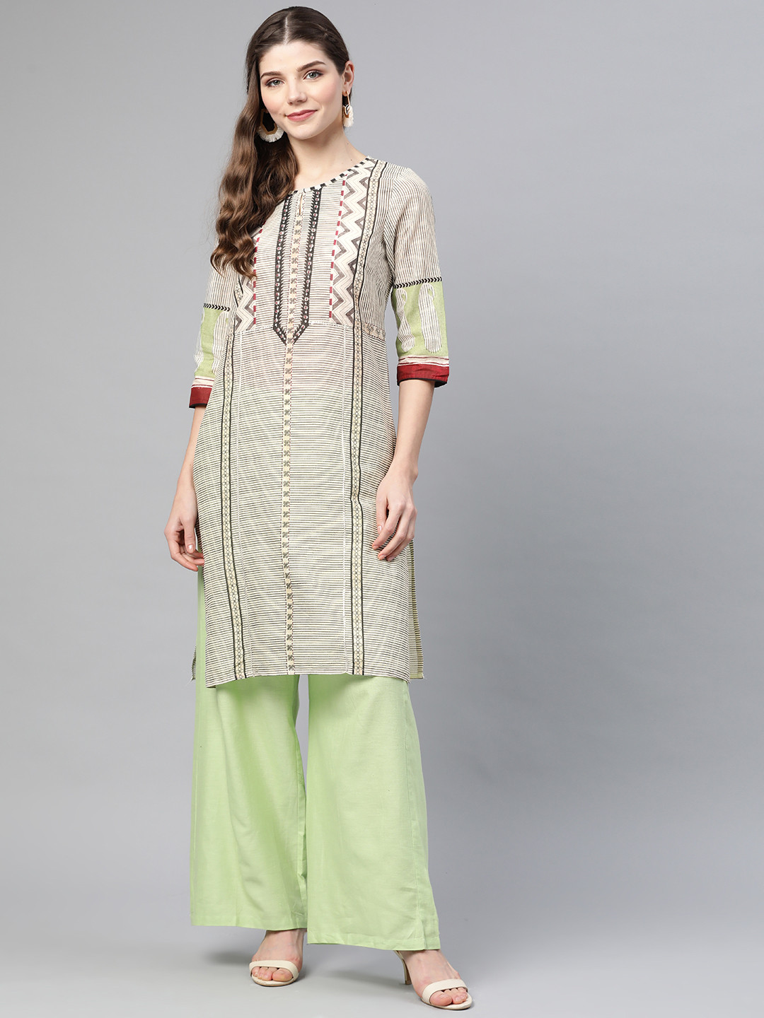 

W Women Off-White & Charcoal Grey Striped Pure Cotton Straight Kurta