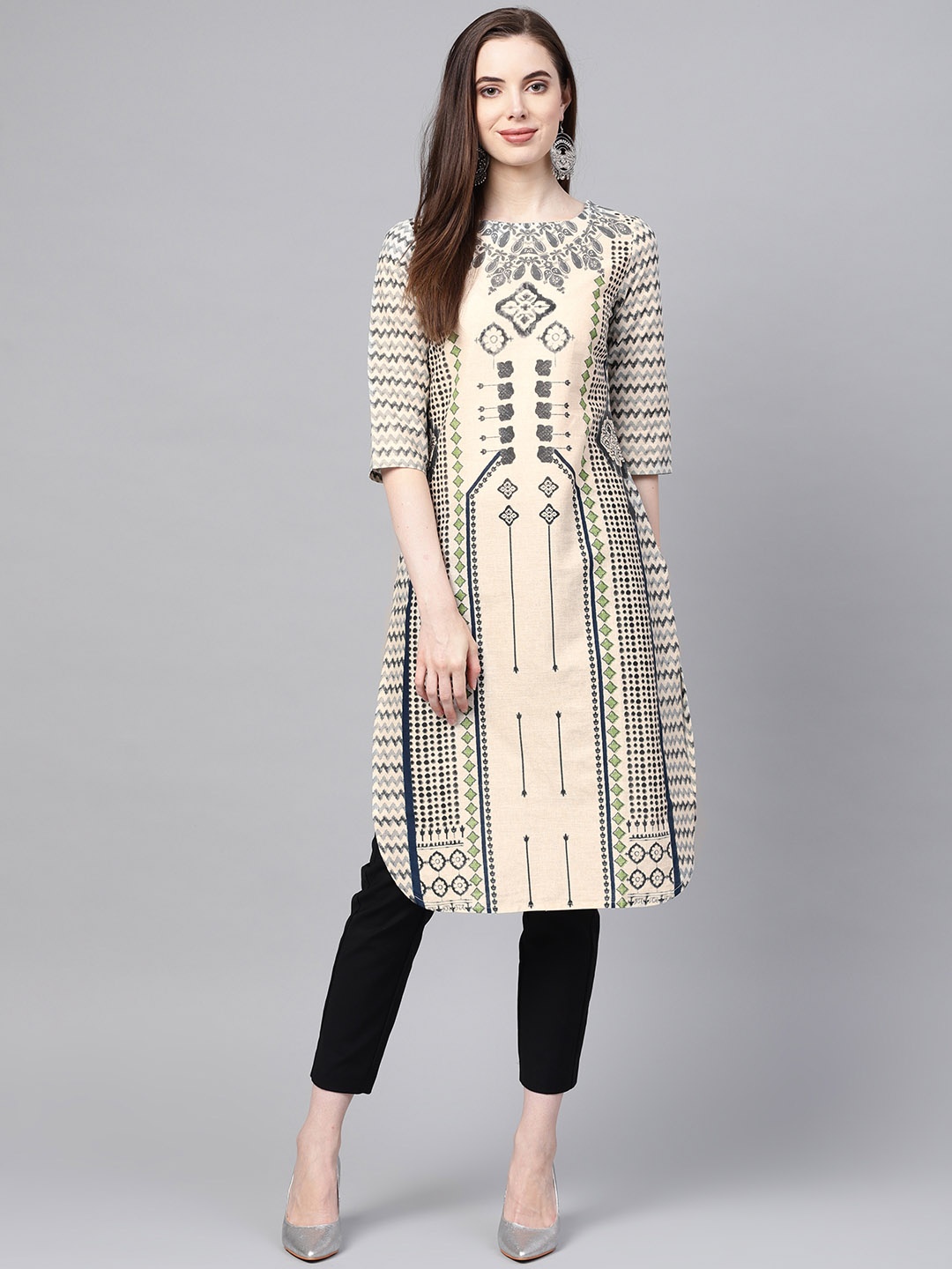 

W Women Beige & Black Printed Straight Kurta