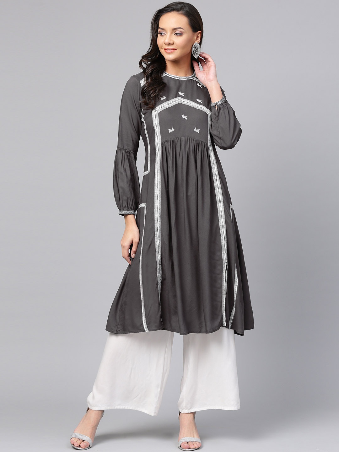

W Women Charcoal Grey Woven Design A-Line Kurta