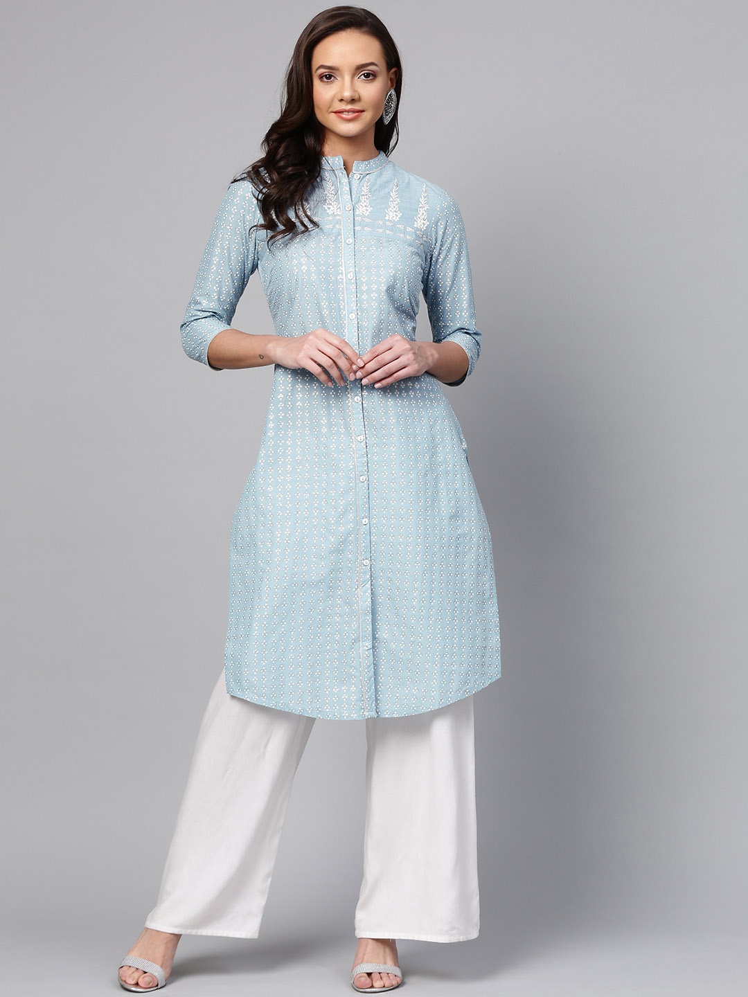 

W Women Blue & Silver Printed Straight Kurta