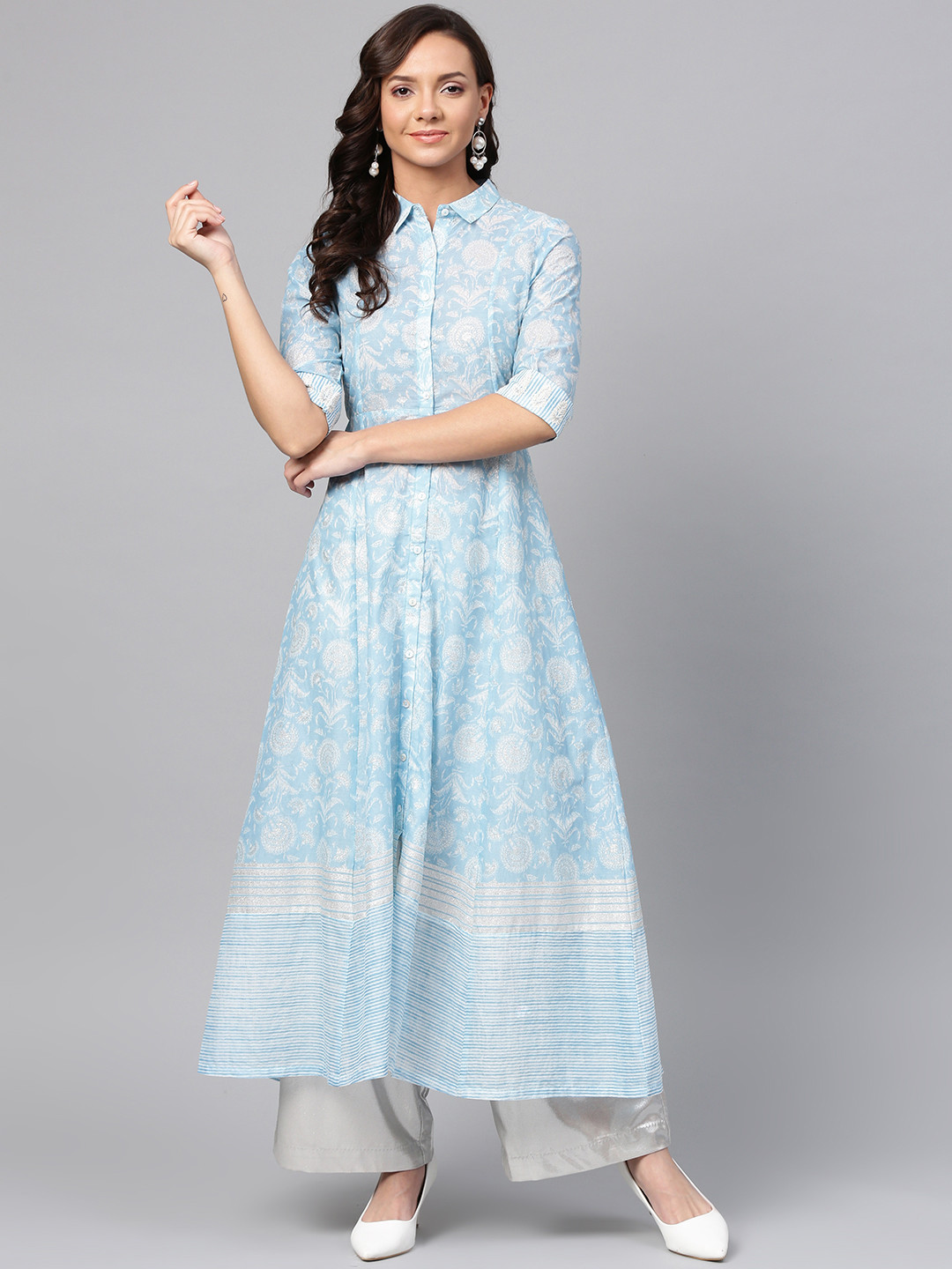 

W Women Blue & White Printed A-Line Kurta