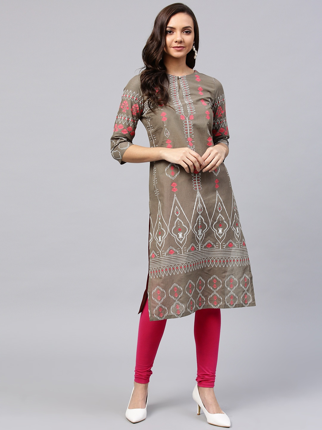 

W Women Taupe & White Printed Straight Kurta