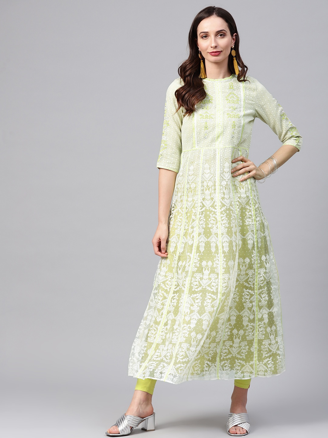 

W Women Green Printed A-Line Kurta