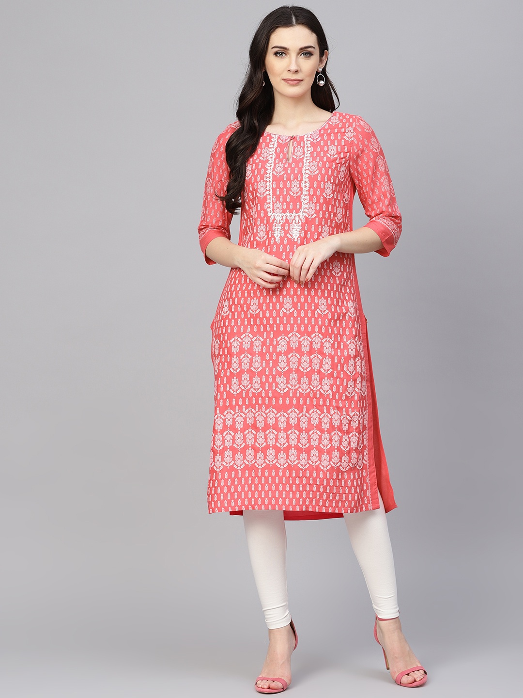 

W Women Pink & White Printed Straight Kurta