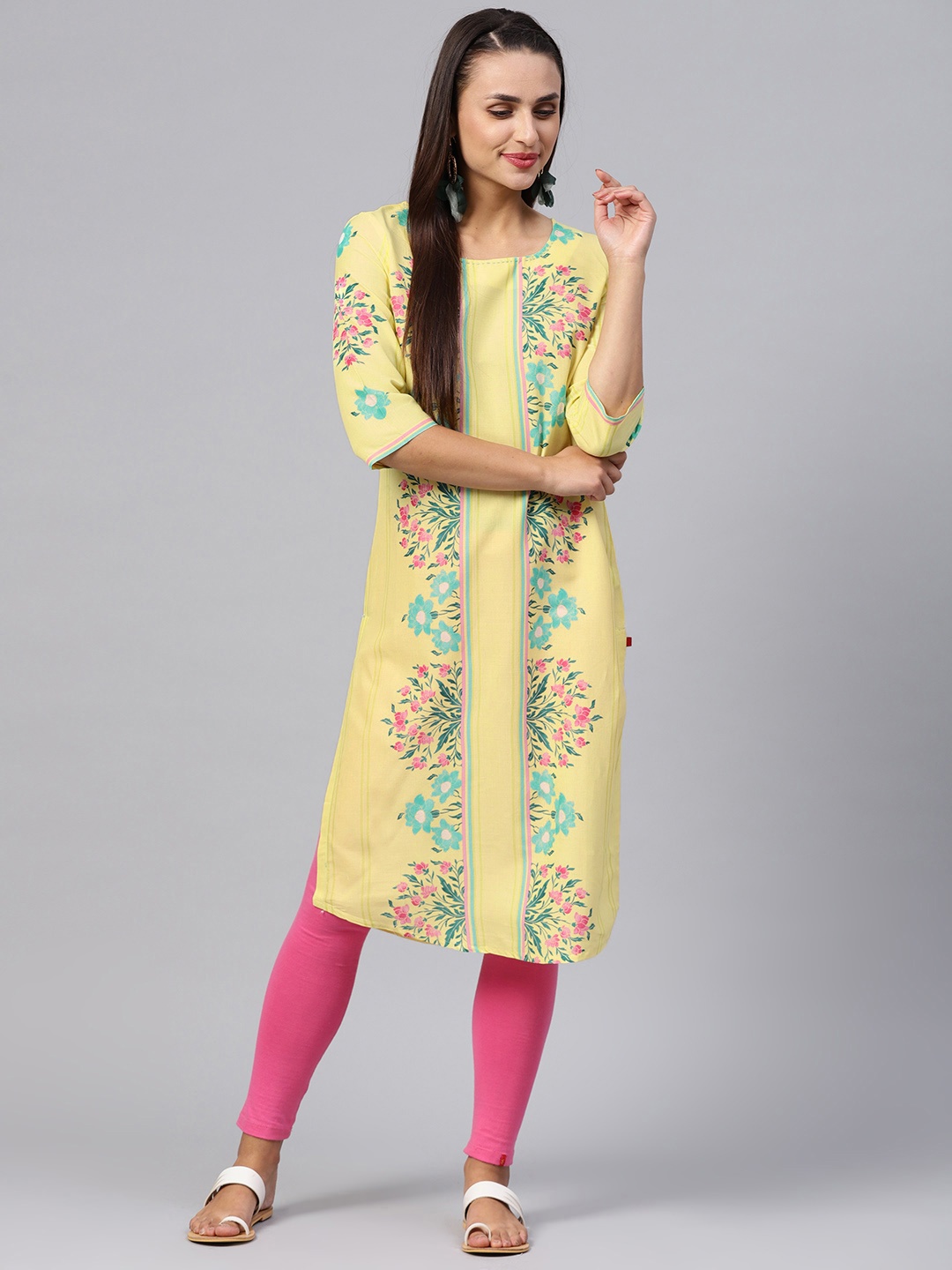

W Women Yellow & Blue Floral Print Straight Kurta