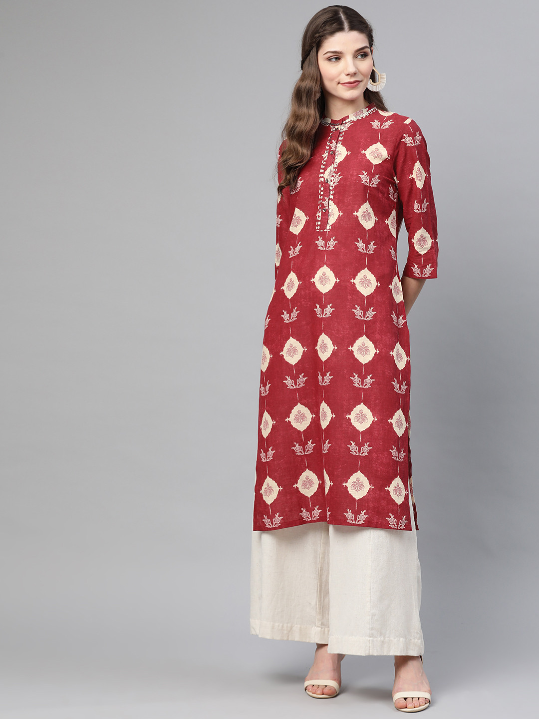 

W Women Maroon & Off-White Printed Pure Cotton Straight Kurta