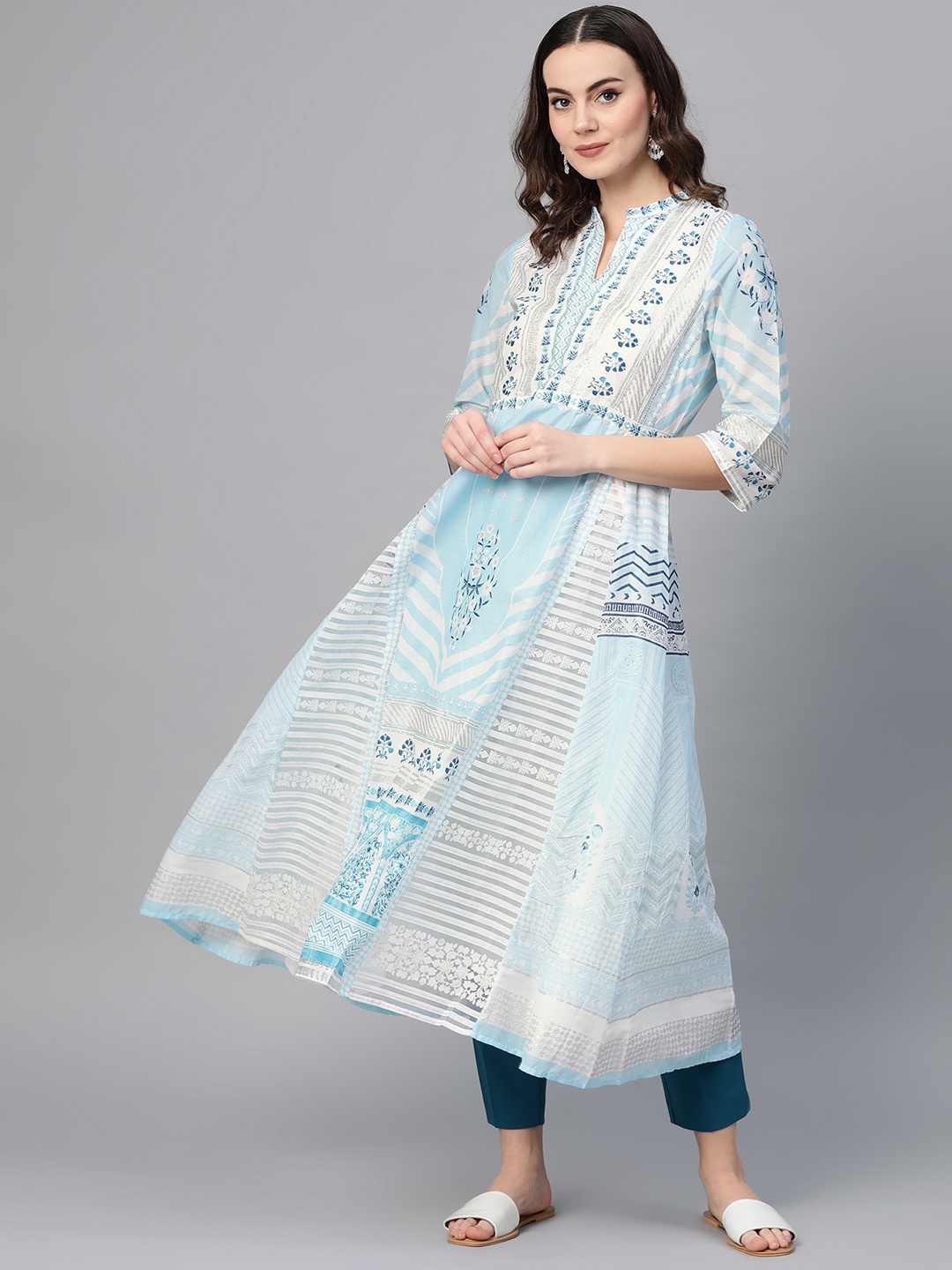 

W Women Blue & White Printed Anarkali Kurta