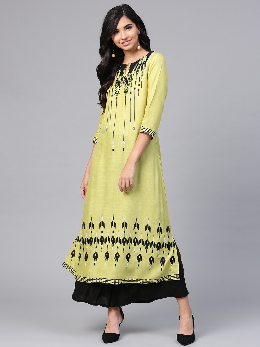 

W Women Lime Green & Black Printed A-Line Kurta