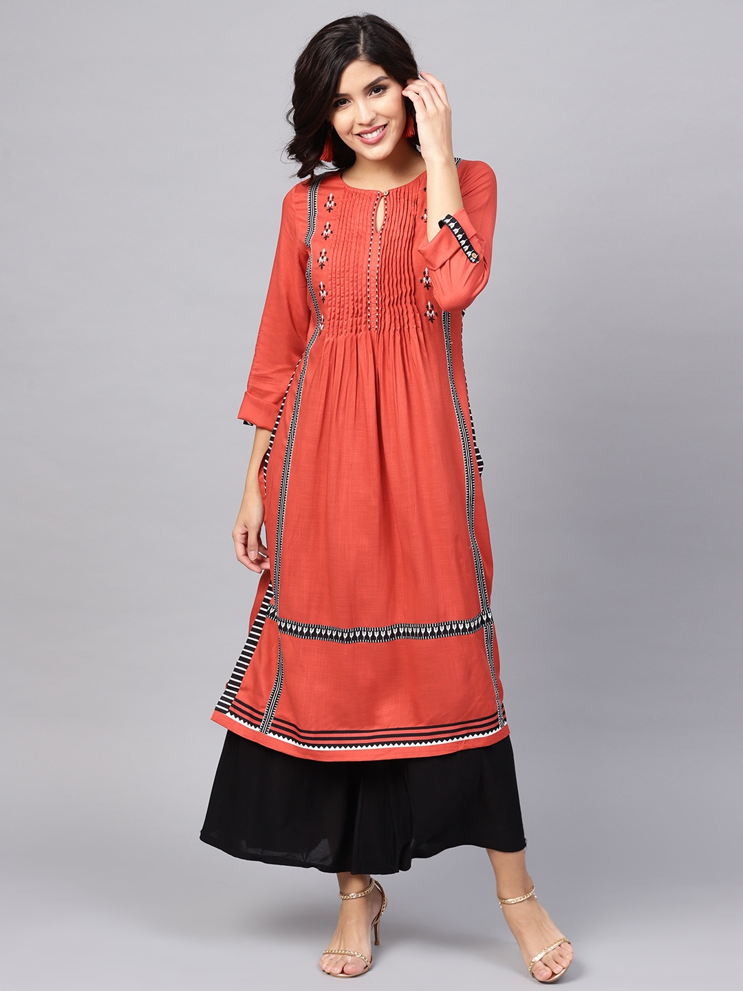 

W Women Rust Orange Solid A-Line Kurta