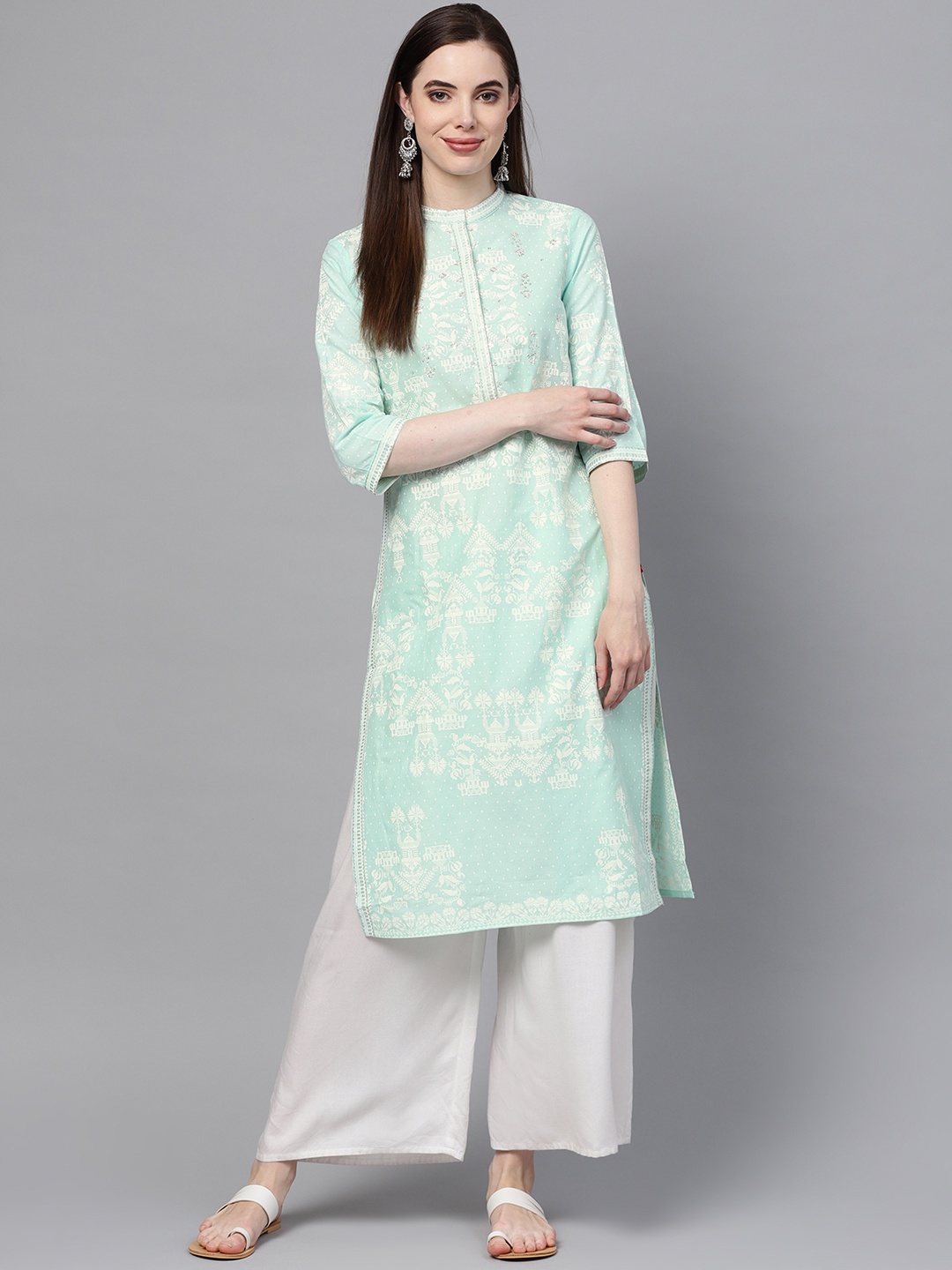 

W Women Sea Green & White Printed Straight Kurta