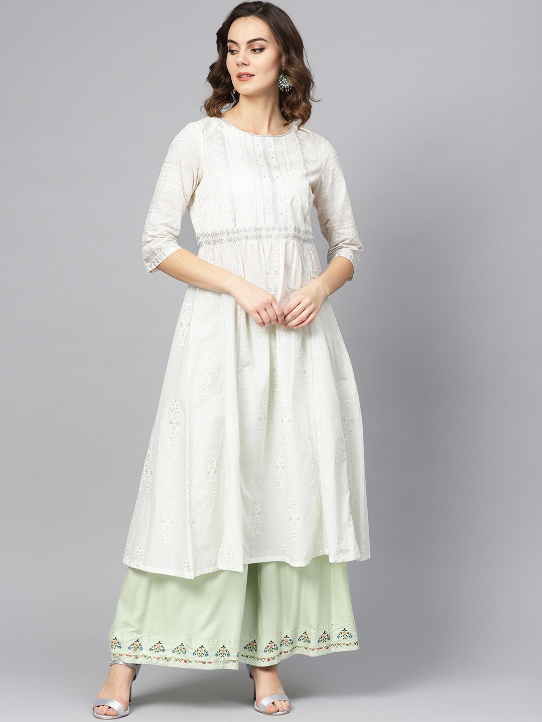 

W Women Off-White & Silver Printed A-Line Kurta