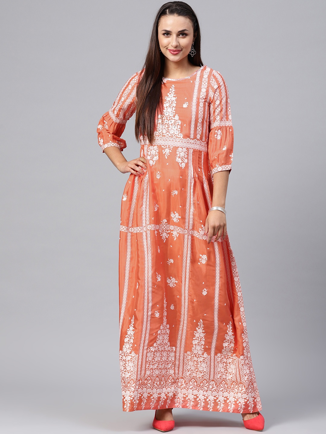 

W Women Peach-Coloured & Off-White Printed A-Line Kurta