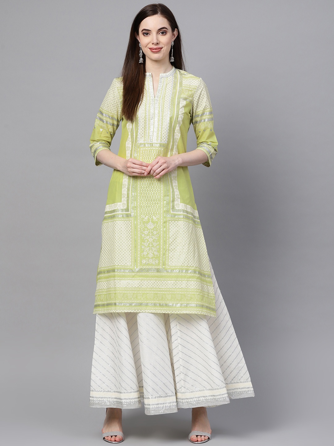 

W Women Green & Off-White Printed Straight Kurta