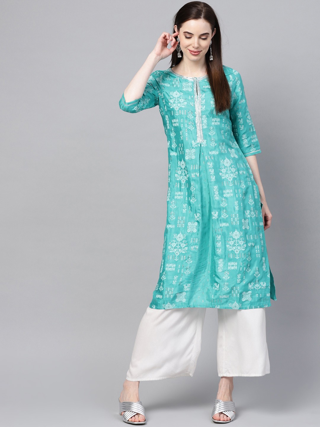 

W Women Turquoise Blue Printed Straight Kurta
