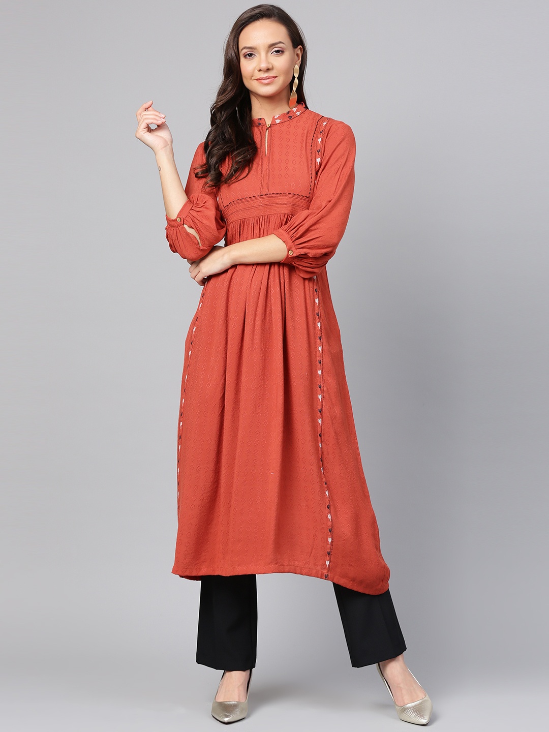 

W Women Rust Red Woven Design A-Line Kurta