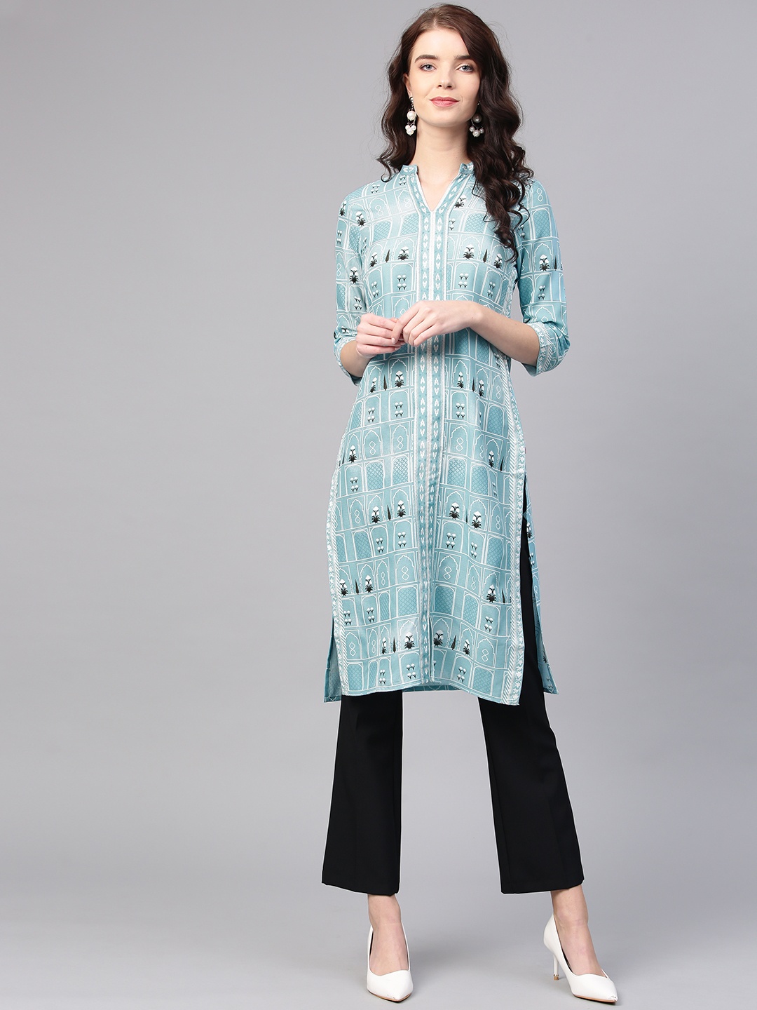 

W Women Blue & White Printed Straight Kurta