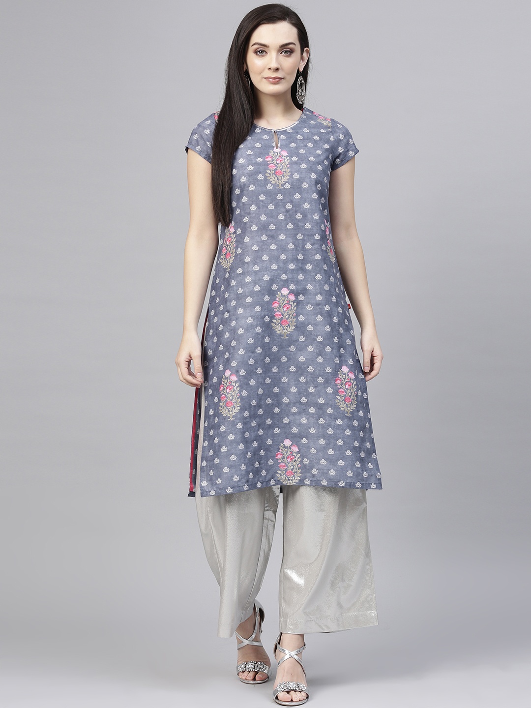 

W Women Blue & White Printed Straight Kurta