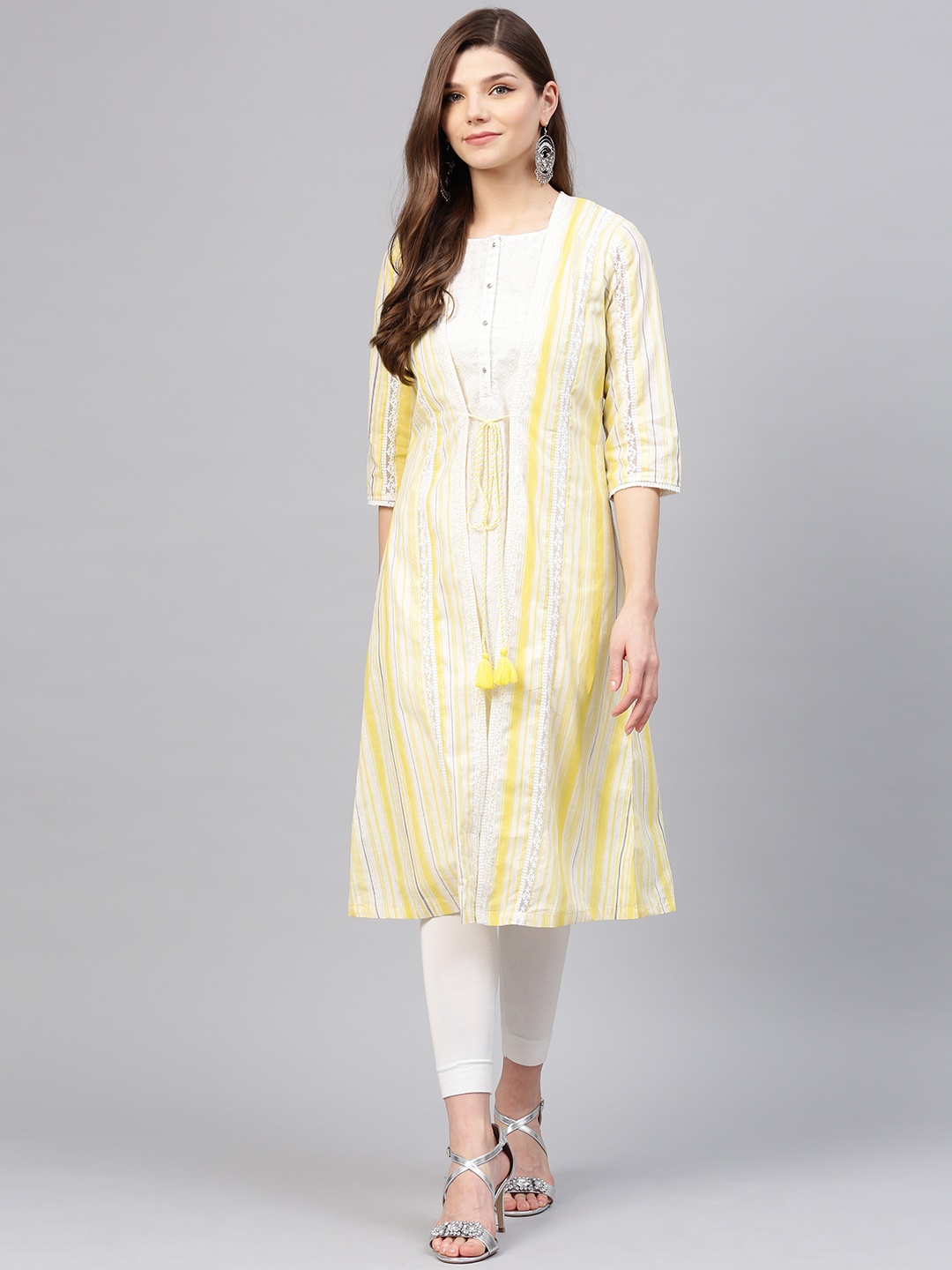 

W Women Yellow & White Layered Striped A-Line Kurta