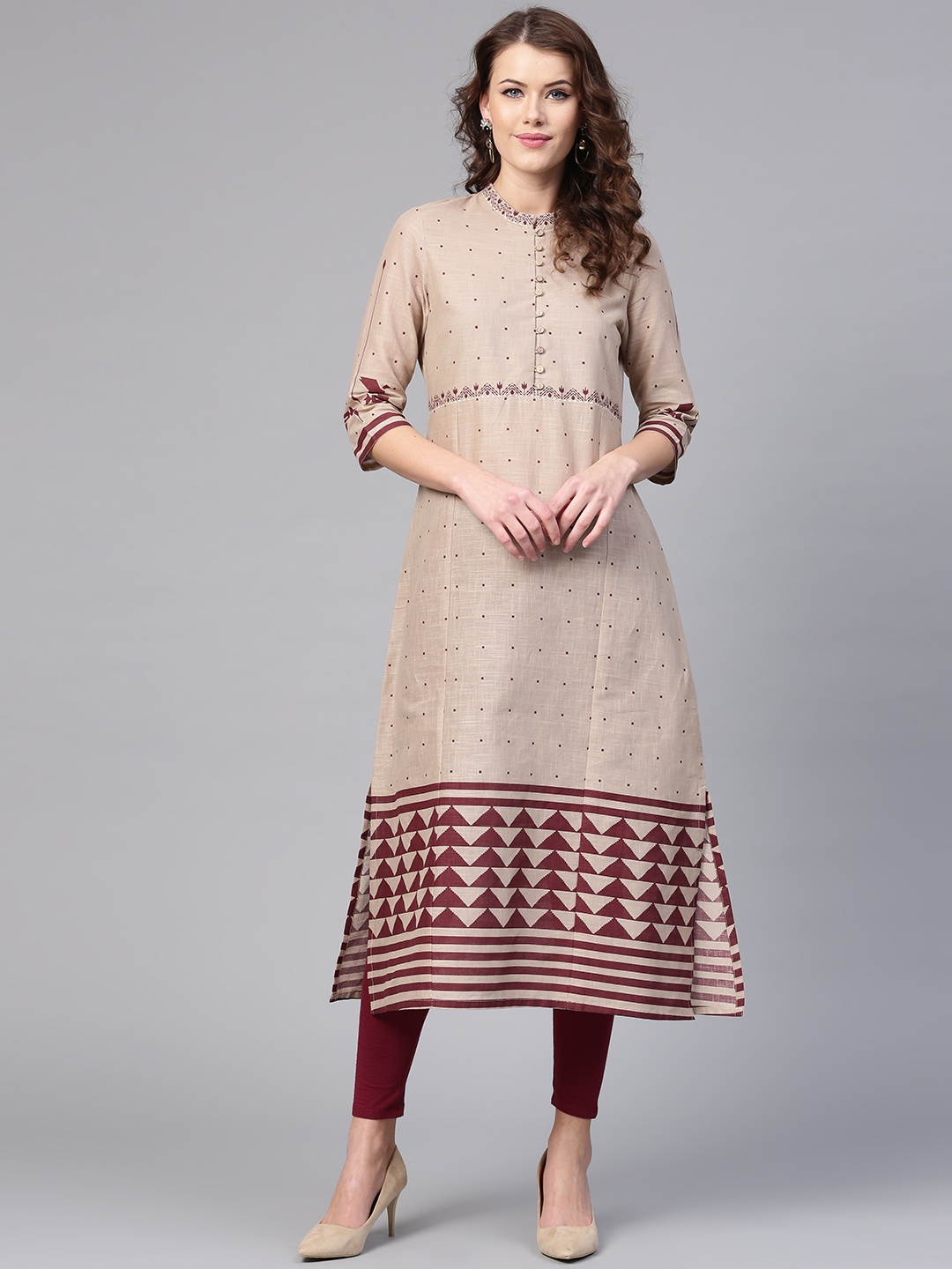 

W Women Beige & Burgundy Printed A-Line Kurta