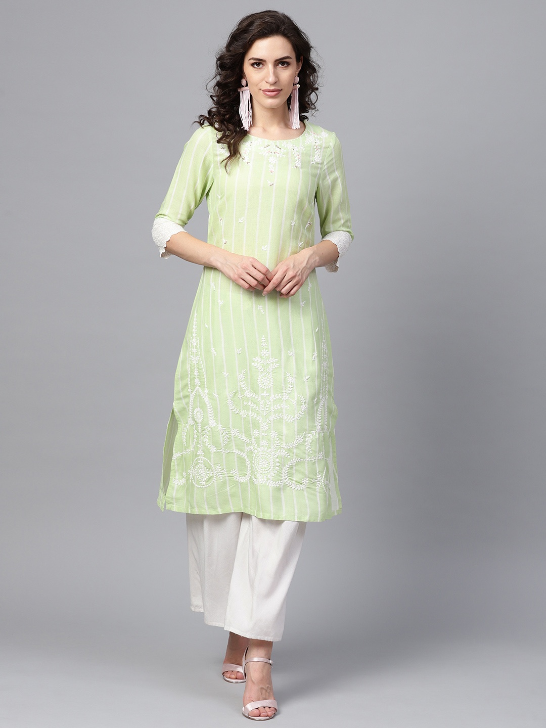 

W Women Green & White Striped A-Line Kurta