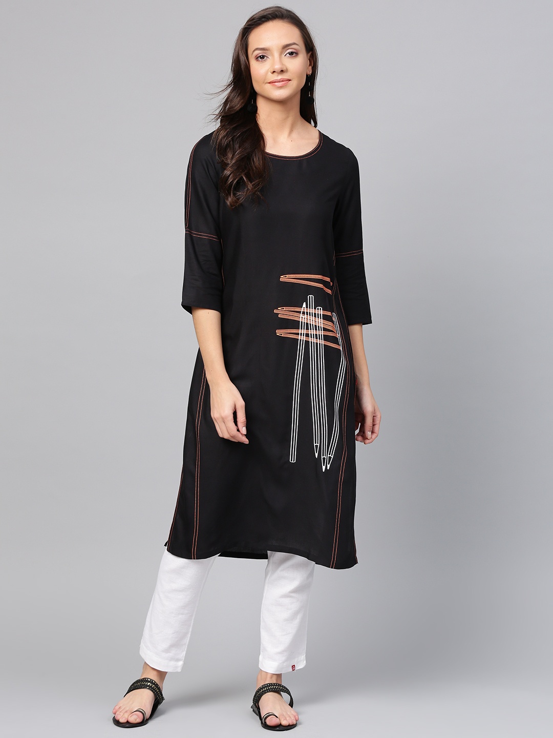 

W Women Black & Orange Printed Straight Kurta