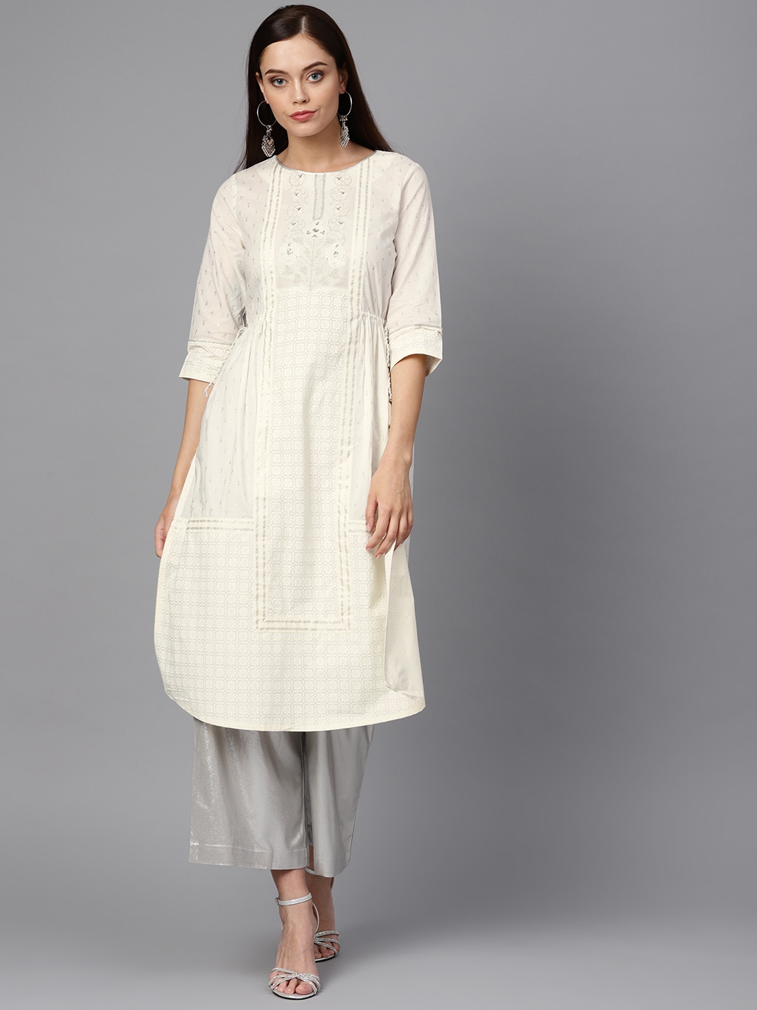 

W Women White & Silver Printed A-Line Kurta
