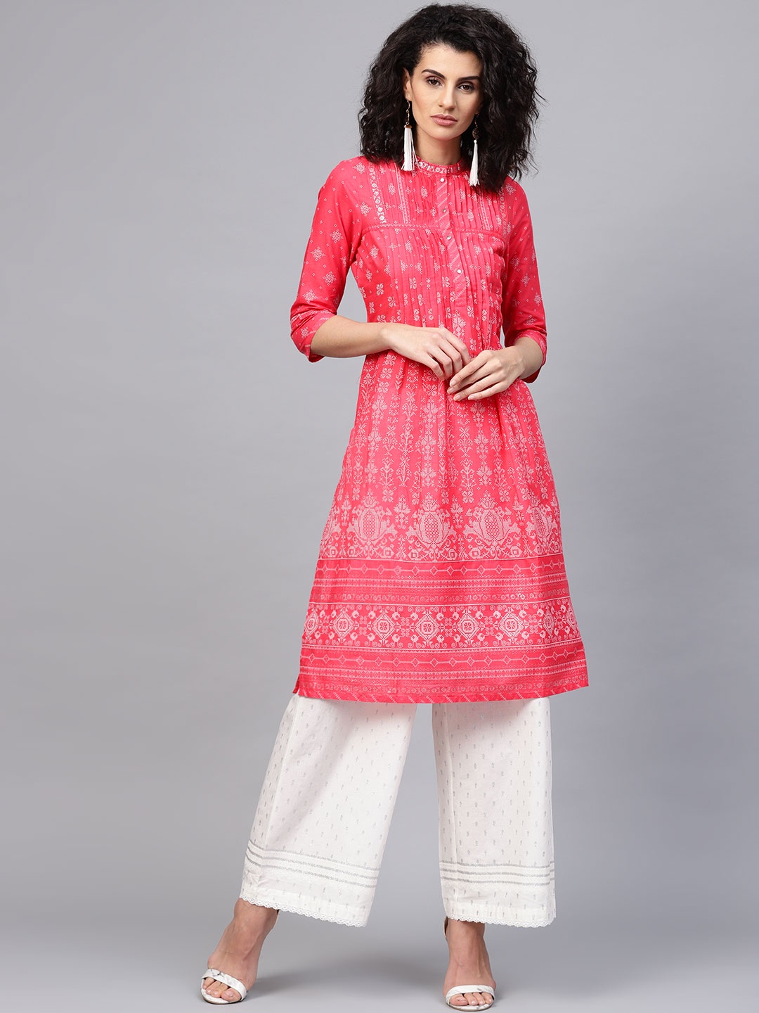 

W Women Coral Pink & White Printed A-Line Kurta