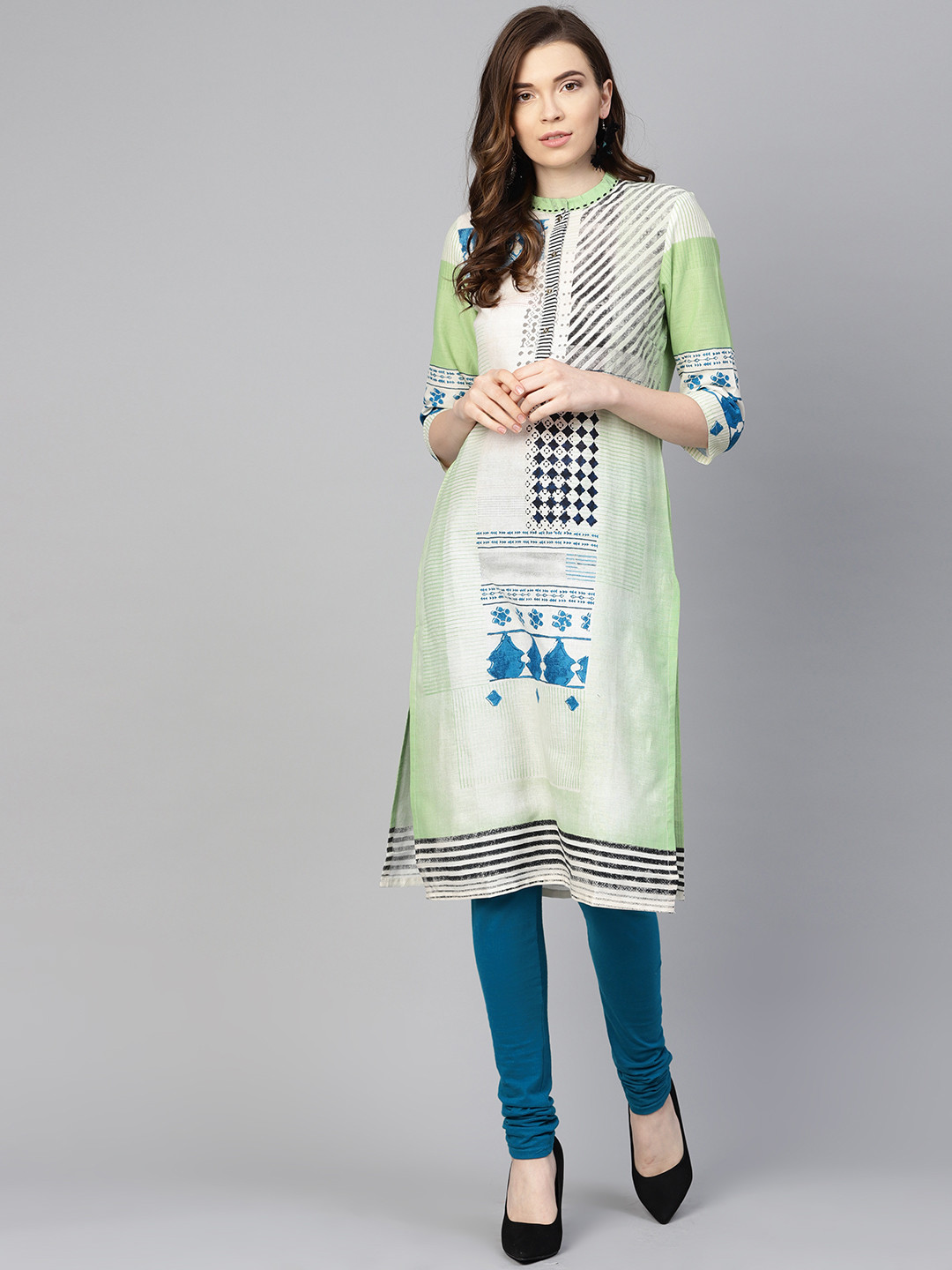 

W Women Green & Blue Printed Straight Kurta
