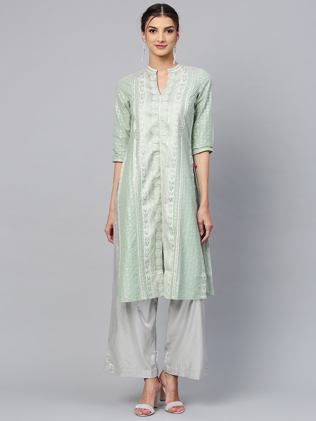 

W Women Green & Silver Printed Straight Kurta