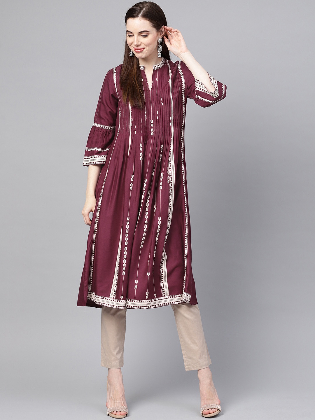 

W Women Burgundy & Off-White Striped A-Line Kurta