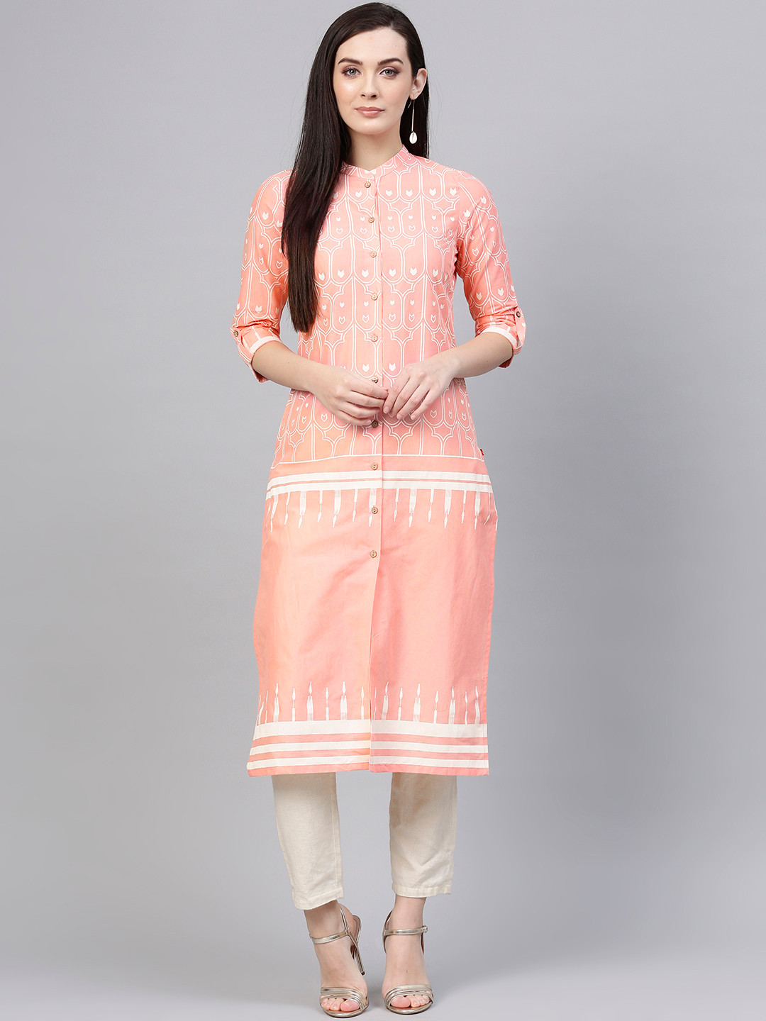 

W Women Pink & White Printed Straight Kurta