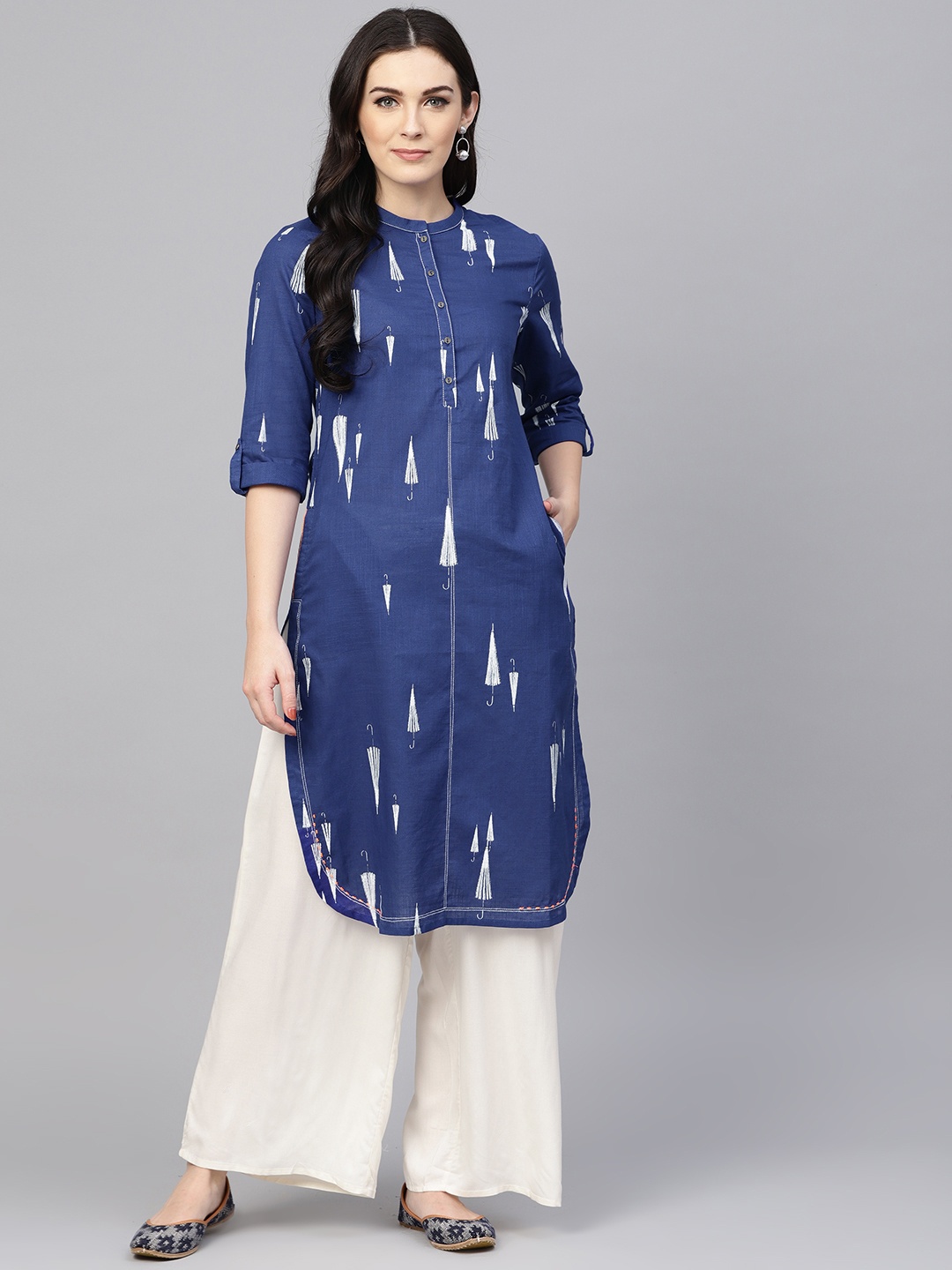 

W Women Straight Cotton Kurta, Blue
