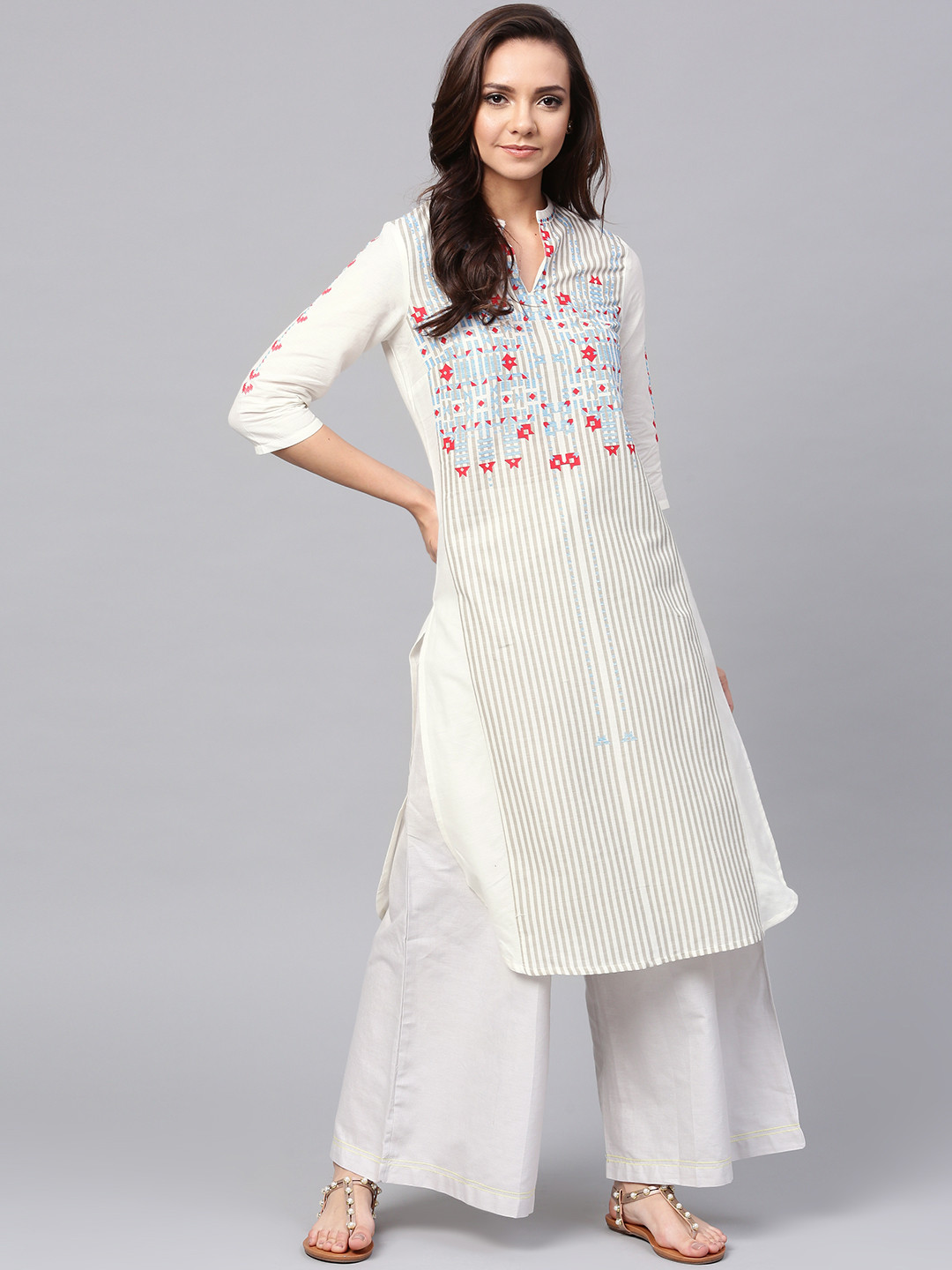 

W Women Off-White & Beige Striped Straight Kurta