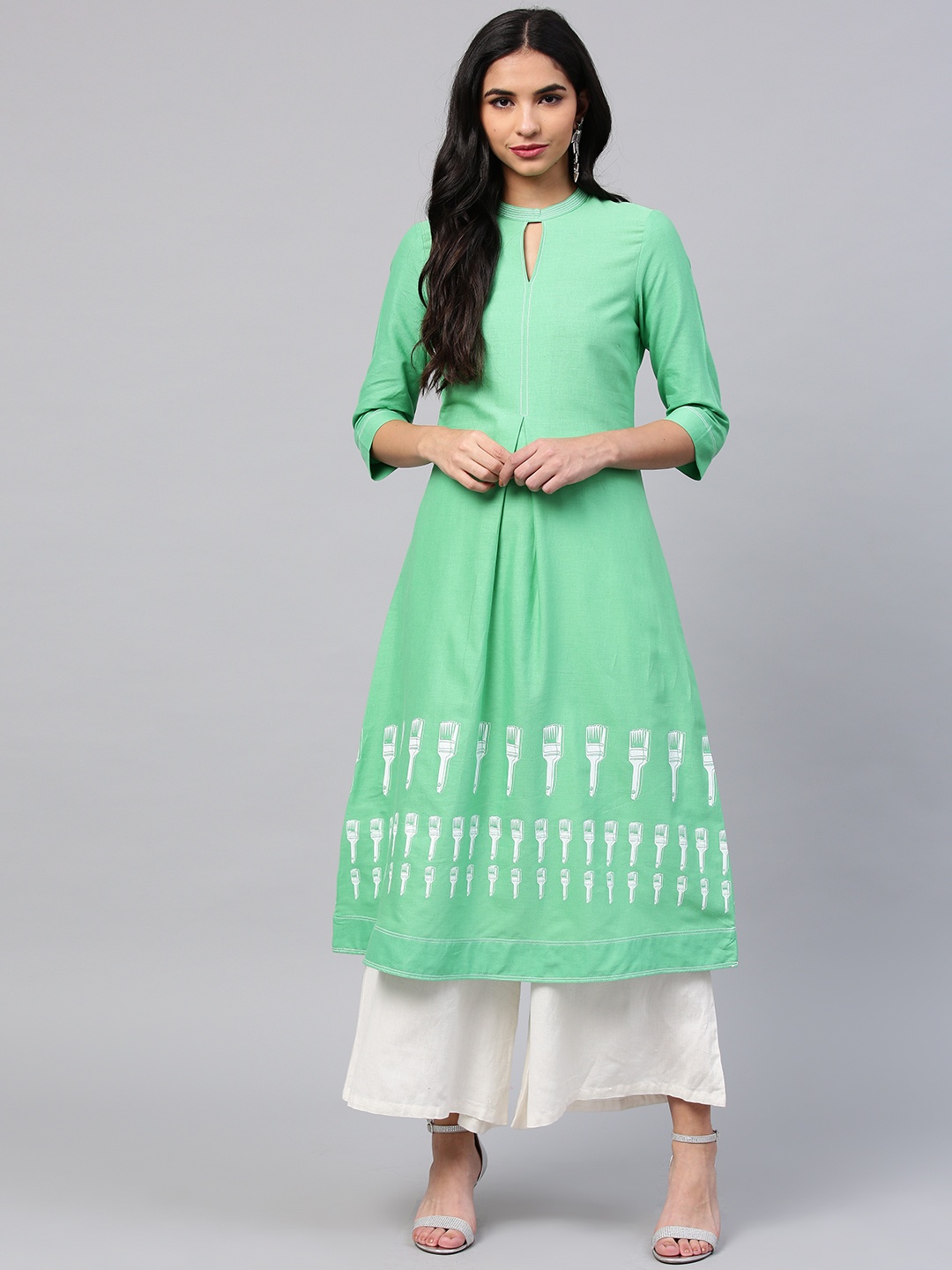 

W Women Green Printed A-Line Kurta