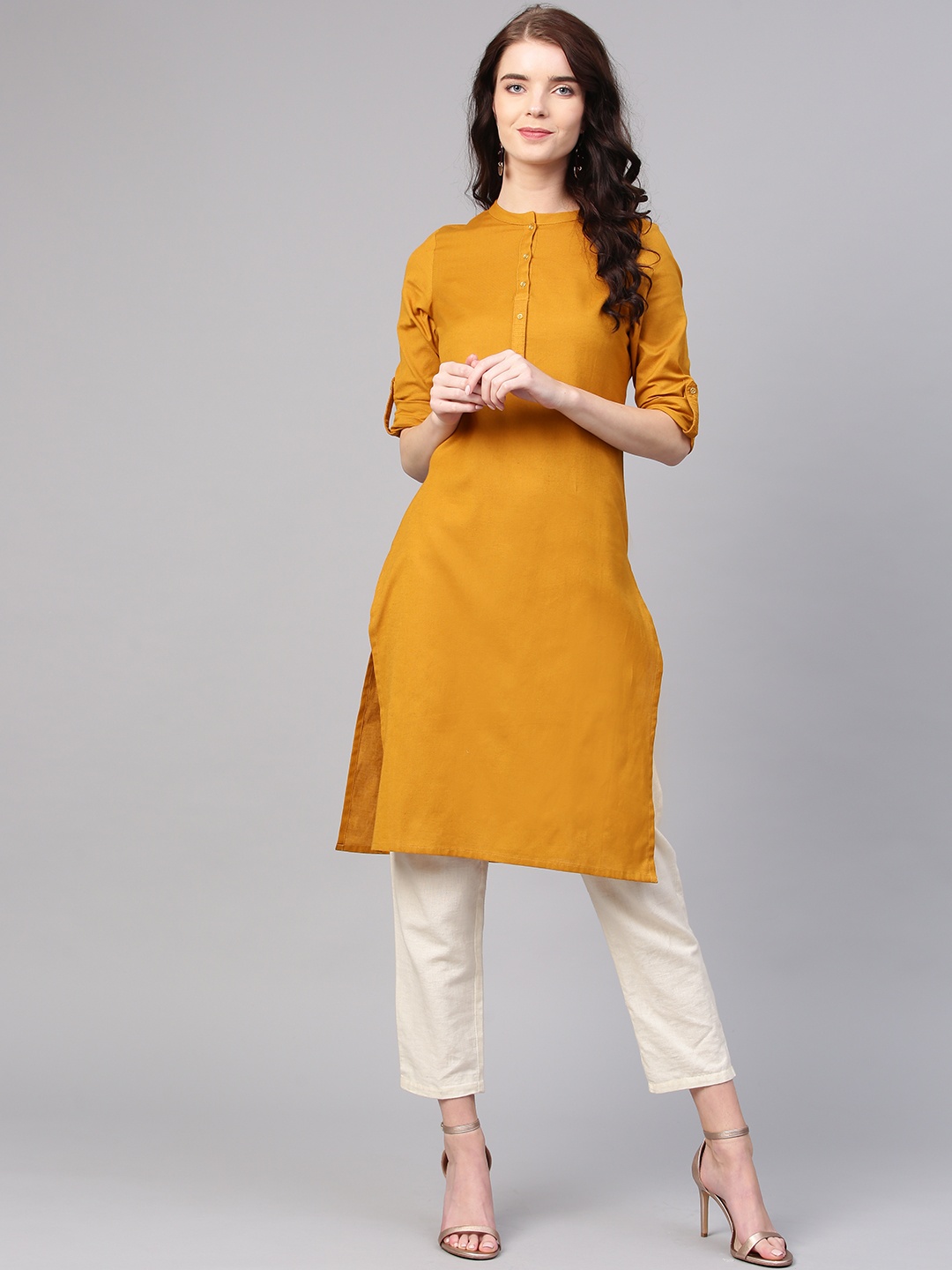 

W Women Mustard Brown Solid Straight Kurta